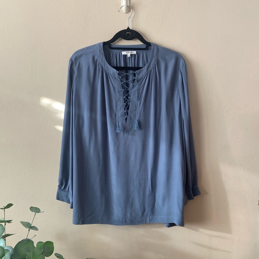 Blue Madewell Lace Up Peasant Blouse Long Sleeve Medium BoHo Bohemian Top